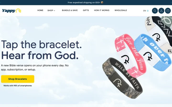 Hero section of a Shopify home page for faith-based NFC bracelets