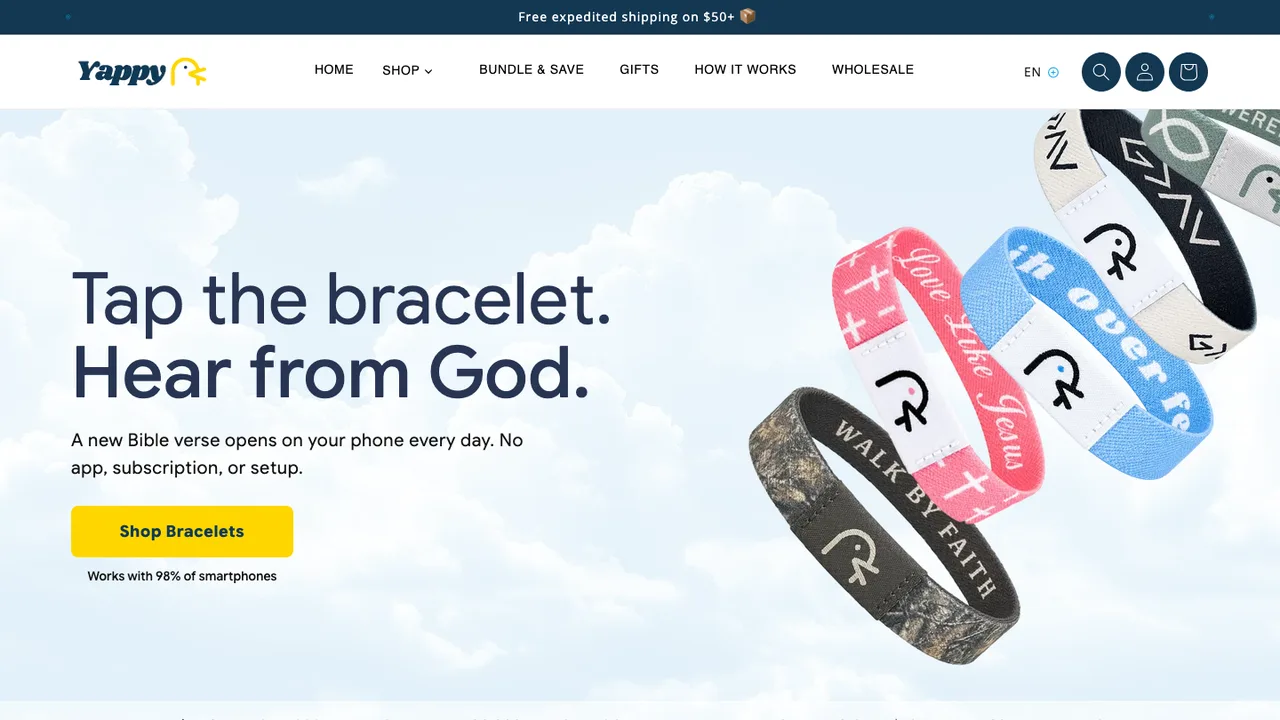 Hero section of a Shopify home page for faith-based NFC bracelets