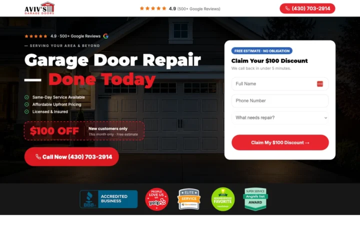 Hero section of a garage door repair landing page with callback form and call button