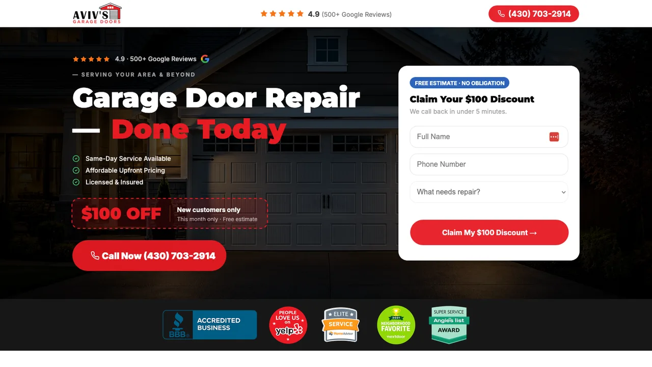 Hero section of a garage door repair landing page with callback form and call button