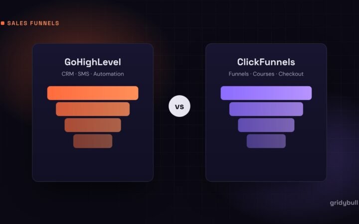 Two funnel illustrations comparing GoHighLevel and ClickFunnels