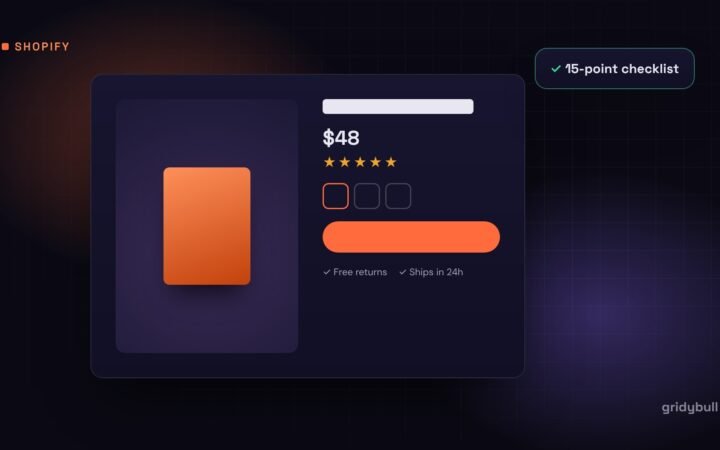 Illustration of a Shopify product page with price, rating, variants and add to cart button