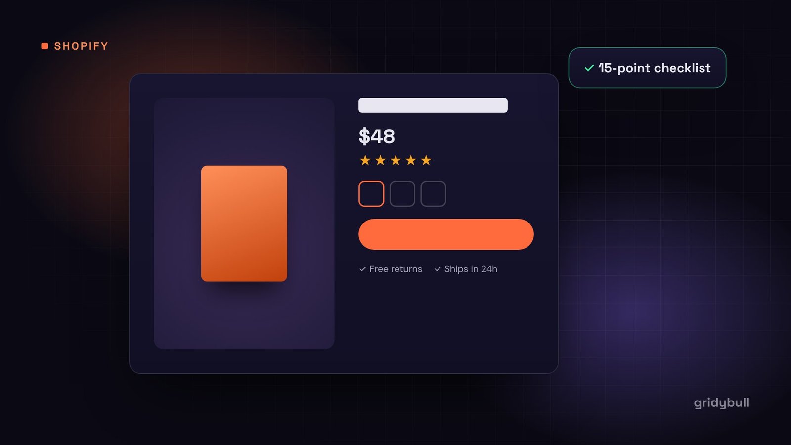 Illustration of a Shopify product page with price, rating, variants and add to cart button