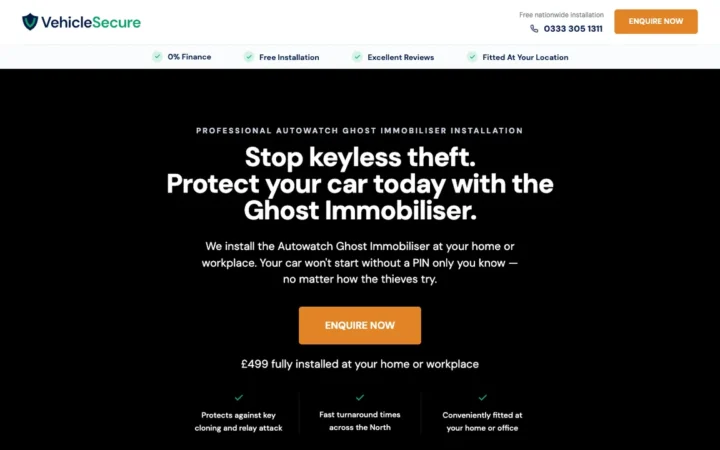 Hero section of a vehicle immobiliser installation landing page