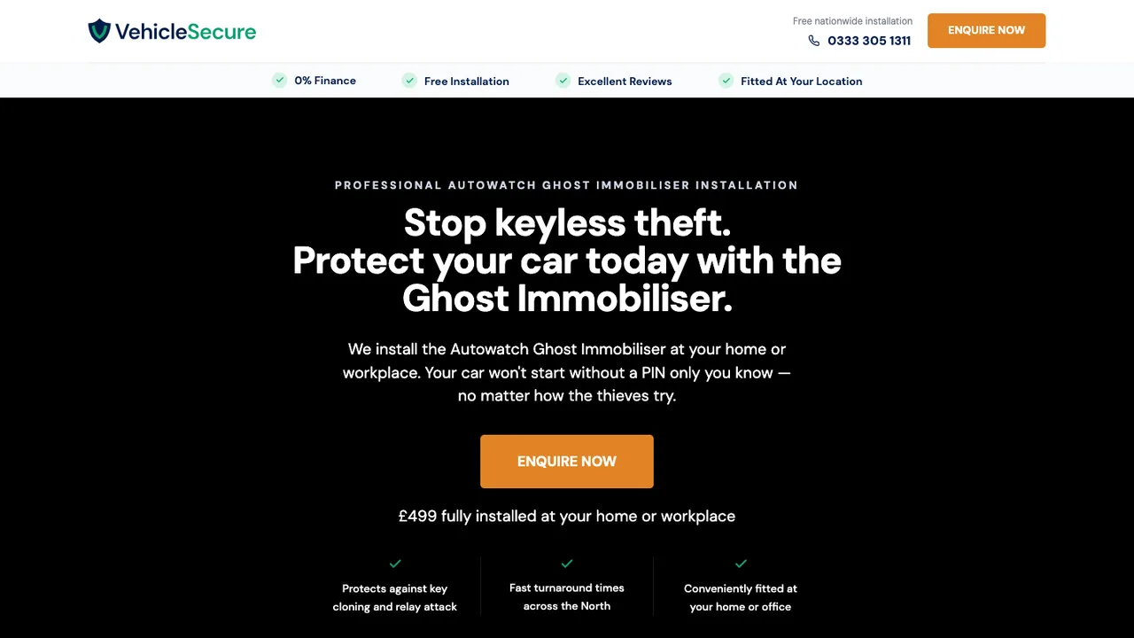 Hero section of a vehicle immobiliser installation landing page